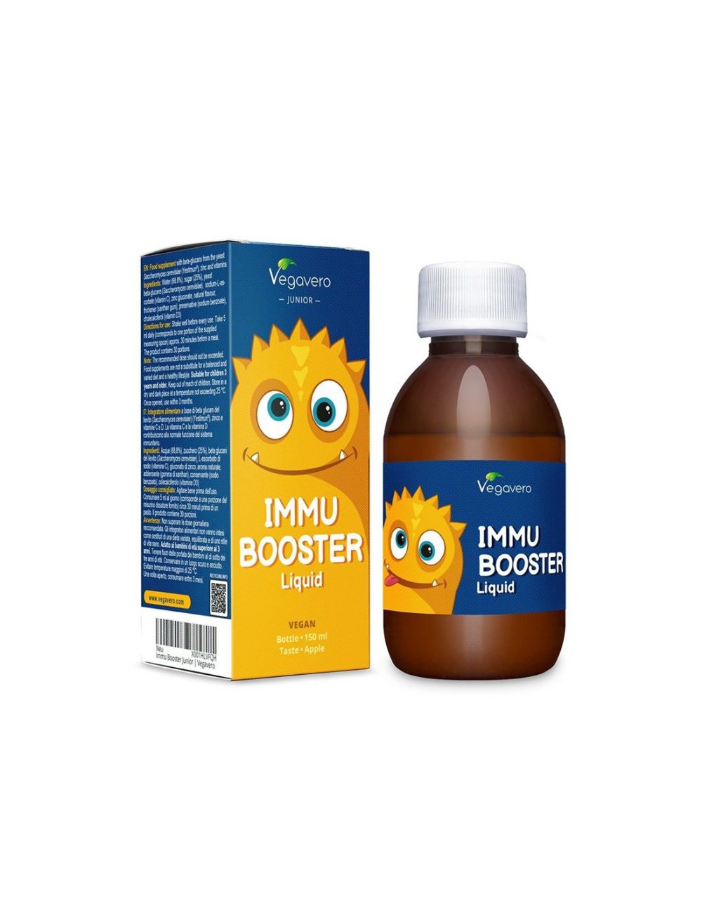 Immu Booster Liquid – Имуностимулиращ сироп за деца с бета глюкани, цинк + витамин С и D3, 150 ml, с вкус на ябълка