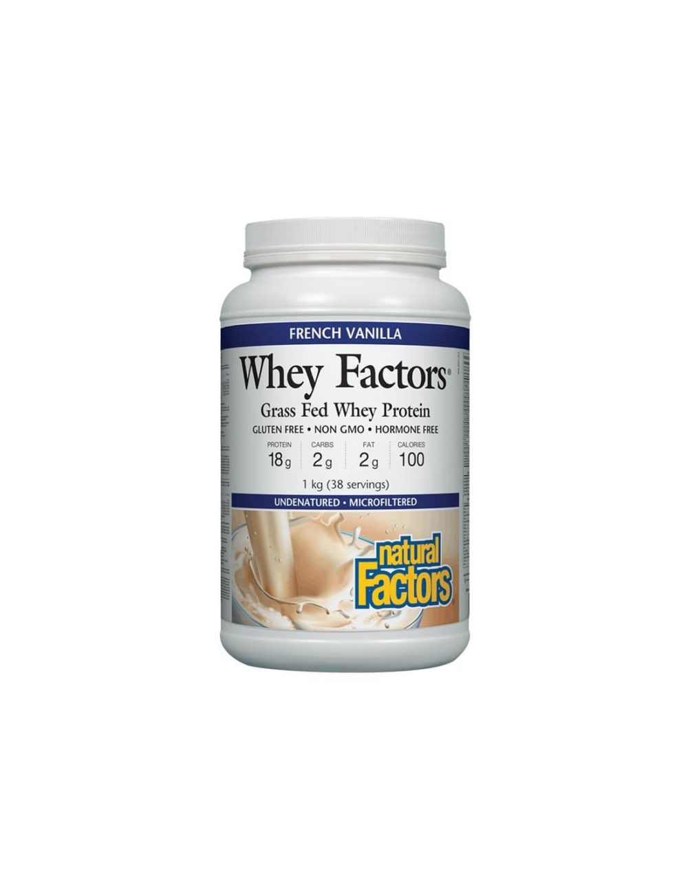 Whey Factors® Grass Fed Whey Protein – Суроватъчен протеин изолат с вкус на ванилия, 1 kg прах Natural Factors