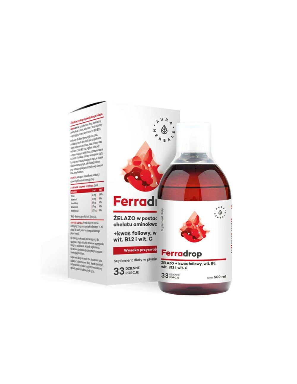Желязо + фолиева киселина с витамини С, В6, В12, 500 ml Aura Herbals